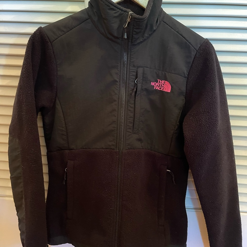 The North Face black fleece with pink lettering and support breast cancer bow